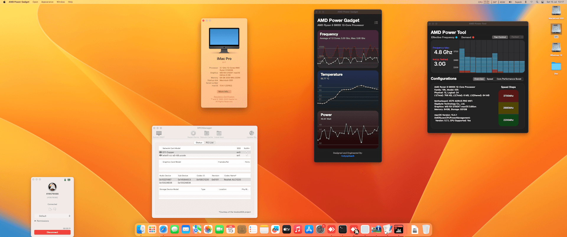 Success Hackintosh macOS Ventura 13.4.1 Build 22F82 in Gigabyte X570 Aorus Pro Wifi + AMD Ryzen 9 5900X + MSI RX 5700 XT